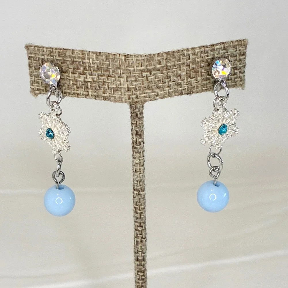 Snowflake Clip On Earrings Kids Blue Bead Dangle Rhinestone Winter Jewelry